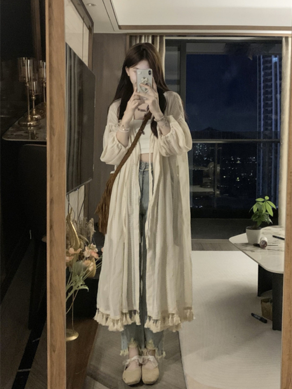 Plus size resort style fringed cardigan coat top women's long sun protection shirt