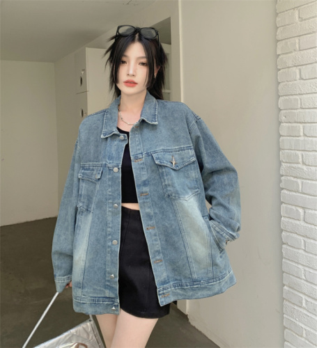 Plus size fat M American washed retro denim jacket women's high street trendy brand loose couple jacket