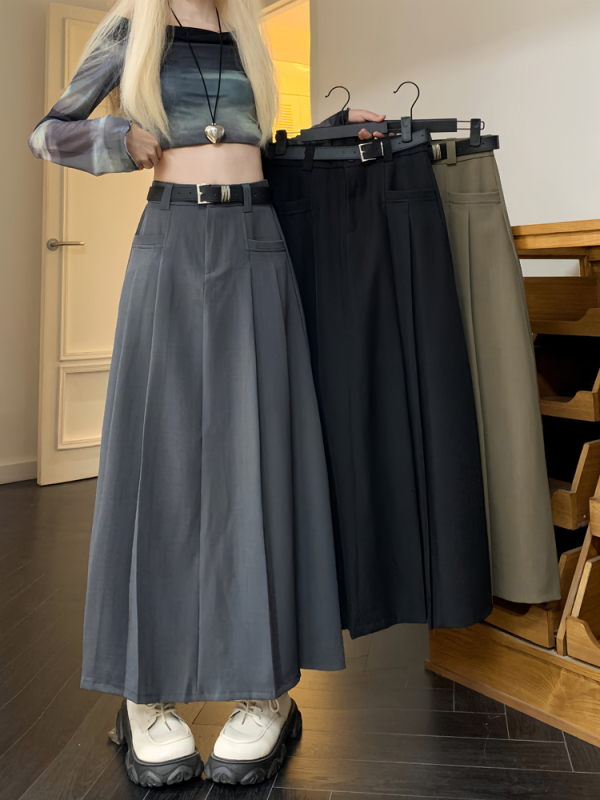 Gray suit skirt women's 2024 early autumn high-waist slim A-line skirt elastic waist pleated skirt