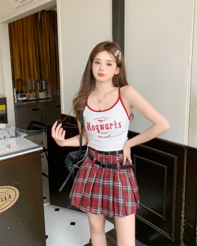 American letter print slim fit T-shirt red plaid skirt college style summer JK suit