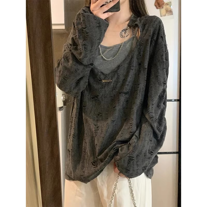 Plus size fat mm internet celebrity fashion layered tops early autumn design hollow chain T-shirt + camisole two-piece set