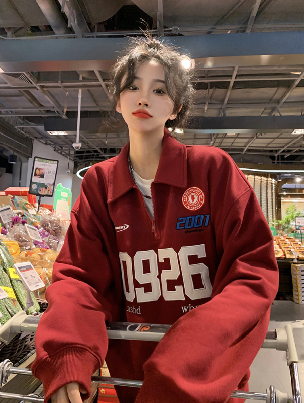 New American Retro College Style Versatile Loose Velvet Thickened Embroidered Polo Sweatshirt