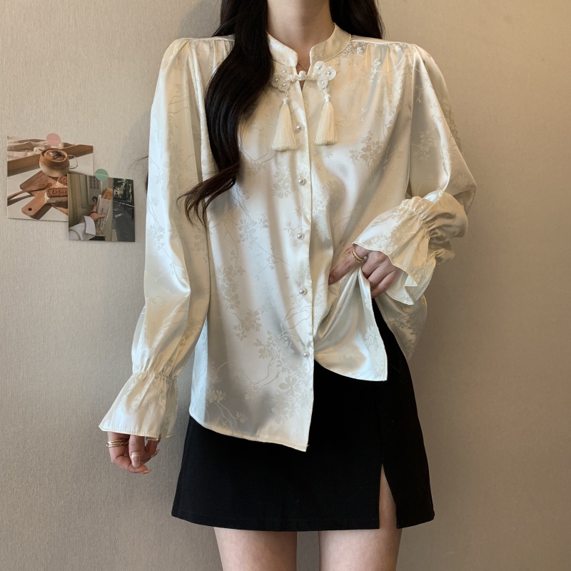 Plus size women's spring new Chinese style improved jacquard disc button shirt high-end age-reducing versatile top