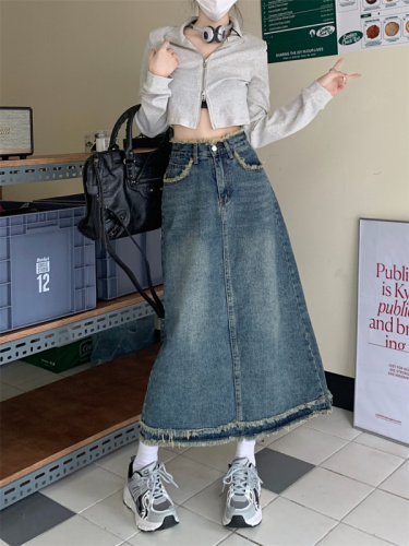 Retro high-waisted A-line mid-length denim skirt for women autumn new niche loose and slim skirt