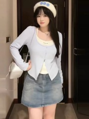 Large size fat mm fake two-piece slimming long-sleeved tops women's design long-sleeved T-shirts women's autumn