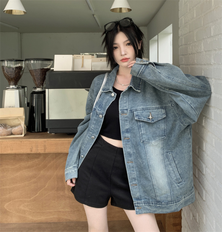 Plus size fat M American washed retro denim jacket women's high street trendy brand loose couple jacket