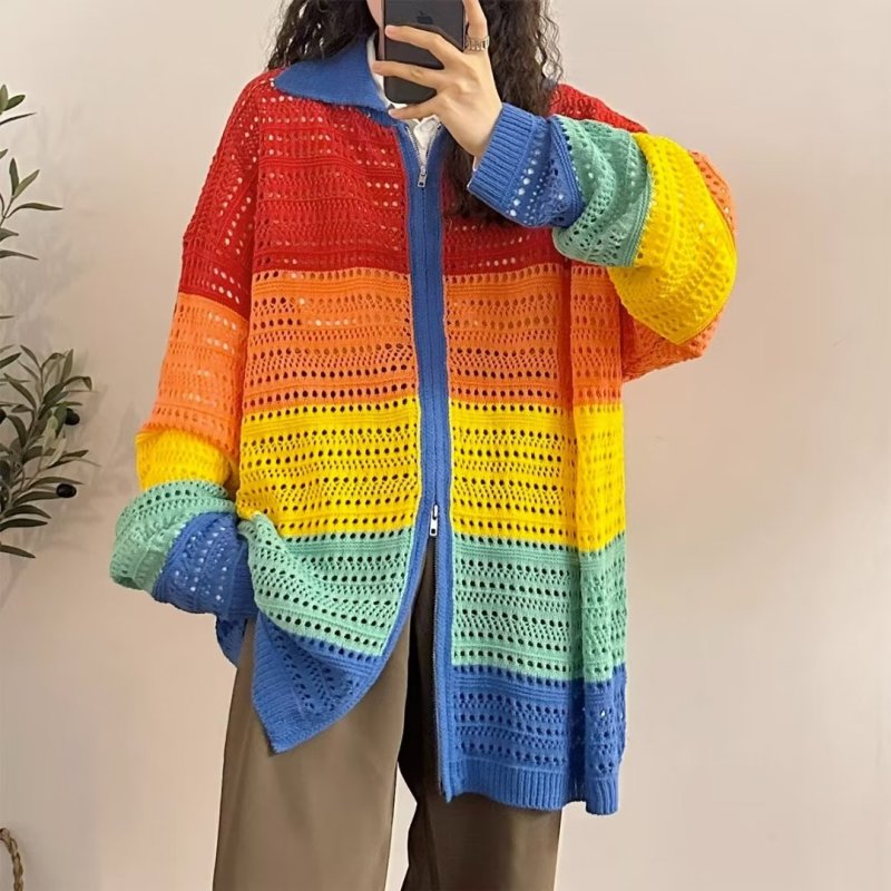 American trendy brand dopamine colorful striped hollow zipper knitted cardigan sweater loose and versatile jacket