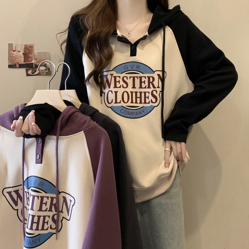 Fat girl large size autumn and winter spliced ​​sweatshirt hooded American retro printed top covers the flesh and looks slim