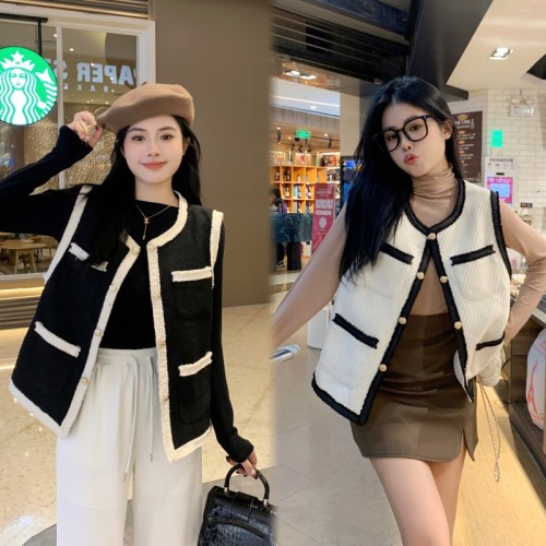 Autumn plus size women's small fragrant style round neck contrasting color single-breasted tweed jacket vest