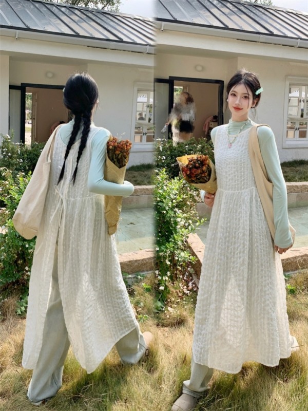 Large size autumn back strap dress white ins layered temperament vest skirt suit