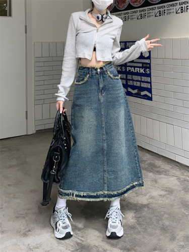 Retro high-waisted A-line mid-length denim skirt for women autumn new niche loose and slim skirt