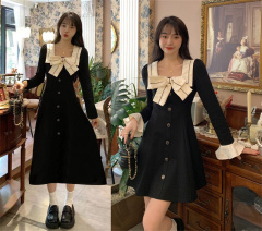 Large size Xiaoxiangqianjin new style square neck bow design waist dress for women