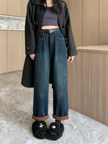 Retro plus velvet wide-leg jeans for women in autumn and winter new high-waisted loose slim straight trousers