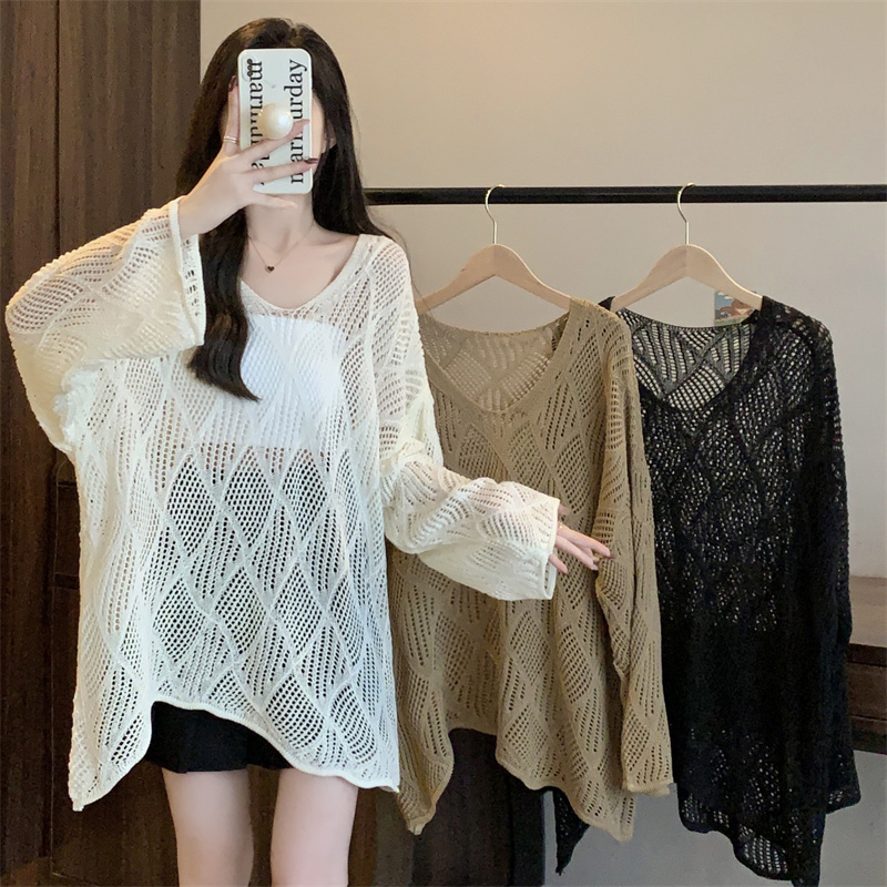 Designed hollow knitted sweater top for women in summer thin loose and lazy outer large size sun protection blouse for women