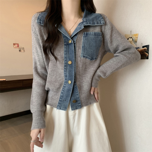 Plus size niche design denim stitching Polo collar sweater women's spring small shirt slim long-sleeved top