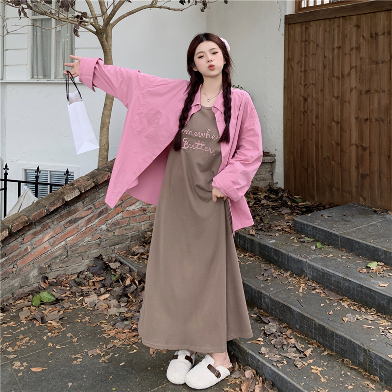 Plus size women's clothing for fat mm spring casual loose shirt jacket bottoming straps flesh-covering dress suit