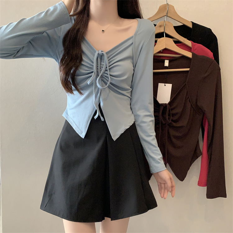 Large size fat mm early autumn new hot girl V-neck long-sleeved T-shirt sexy drawstring design bottoming shirt