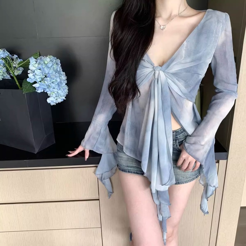 Retro tie-dye v-neck knotted streamer long-sleeved shirt ruffled lace-up top