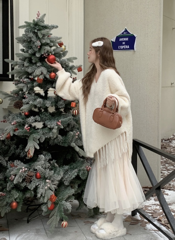 Moonlight Lake Solid Color Tassel Mink Velvet Sweater Fairy Gentle Light Color Mesh Skirt