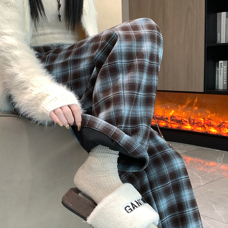New autumn and winter velvet plaid woolen wide-leg pants high-waisted straight floor-length mopping casual pants for women