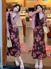 Vine flower shadow ~ French floral V-neck dress, slim and retro style + knitted cardigan