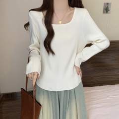 Fat girl large size autumn and winter square neck long-sleeved T-shirt women's slim curved slim textured sweater top