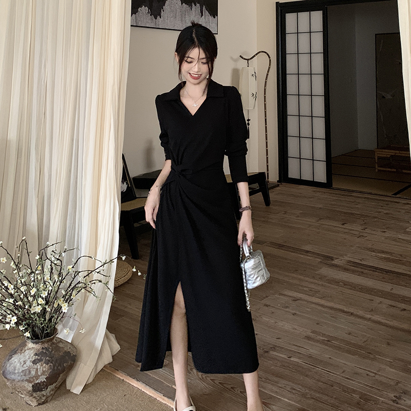 Autumn fat mm irregular slit long-sleeved dress with waist design, sexy slimming knitted dress