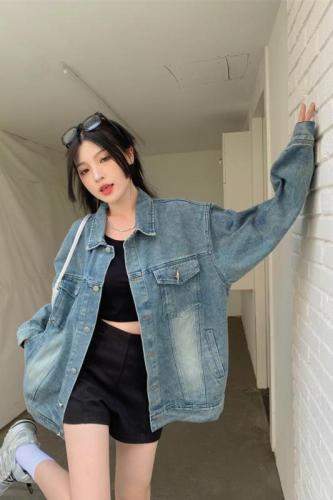 Plus size fat M American washed retro denim jacket women's high street trendy brand loose couple jacket