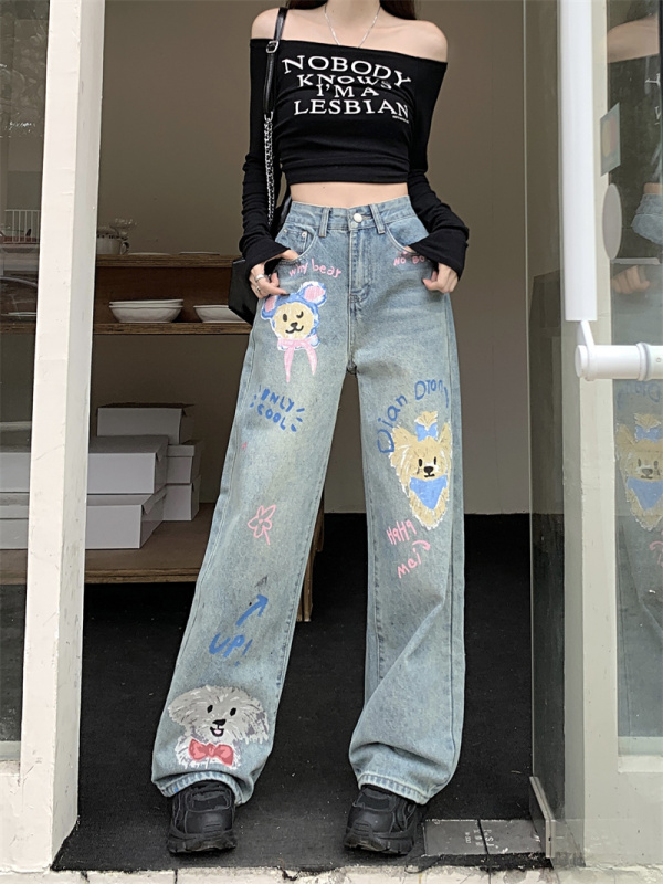 New Spring and Autumn Blue Jeans Popular Autumn and Winter American Graffiti Loose Casual Wide Leg Pants