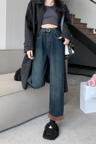 Retro plus velvet wide-leg jeans for women in autumn and winter new high-waisted loose slim straight trousers