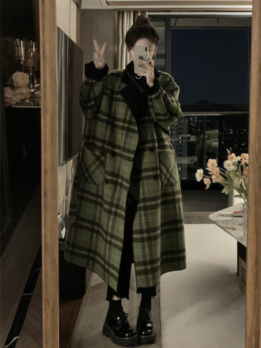 Retro plaid mid-length coat women's winter  new thickened loose reversible long-sleeved woolen coat