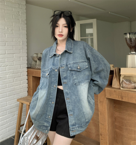 Plus size fat M American washed retro denim jacket women's high street trendy brand loose couple jacket