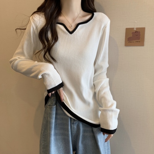 Women's new autumn plus size sweater with contrasting color long-sleeved T-shirt square neck bottoming shirt with slimming top