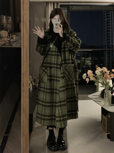 Retro plaid mid-length coat women's winter  new thickened loose reversible long-sleeved woolen coat