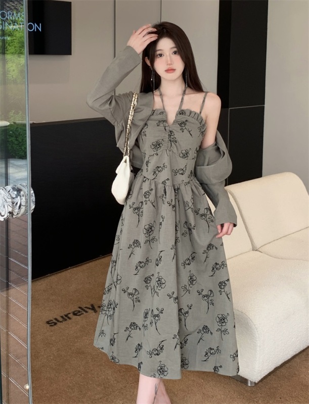 Large size Korean chic spring gray green halter neck flocked suspender skirt long-sleeved shawl jacket two-piece set
