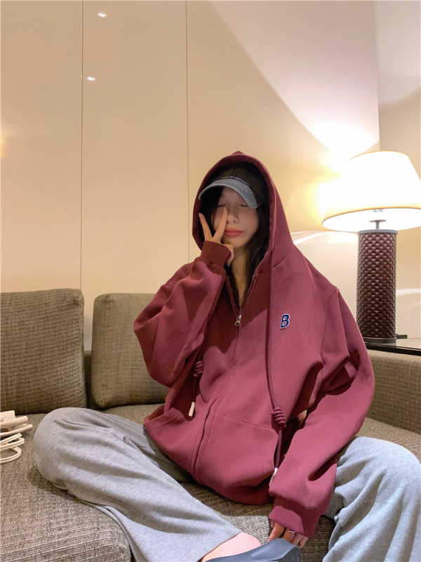 Large size composite velvet hooded sweatshirt women's loose zipper Korean style casual cardigan coat top autumn
