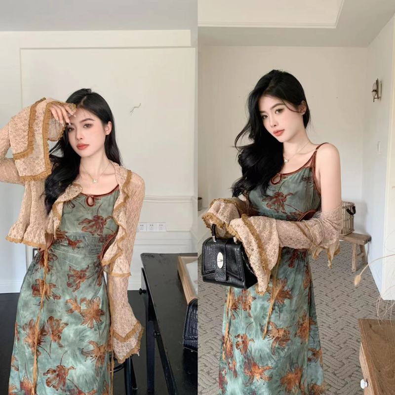 Large size French print long waist slimming slim suspender dress + long-sleeved cardigan