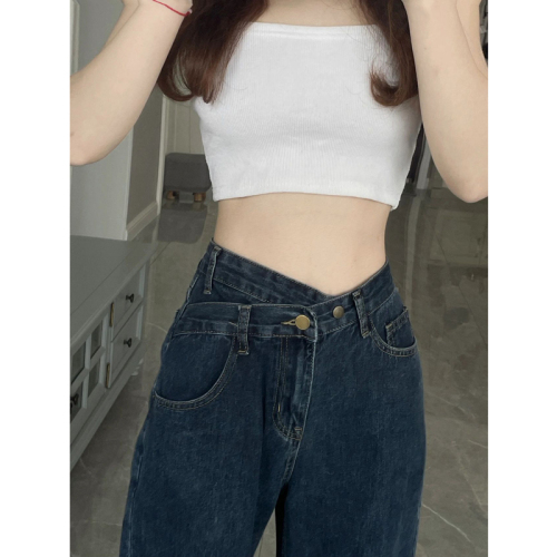 Retro American Blue Gray Wide Leg Jeans Women's High Street High Waist Small Loose Straight Floor-Mopping Pants