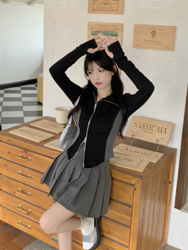Plus Size Fat MM2024 Pure Desire Hot Girl Style Lapel Double Zipper Long Sleeve Contrast Color Slim Top