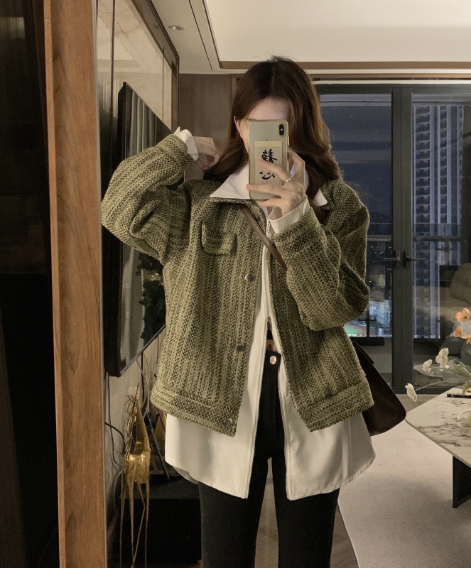 Large size fake two-piece small fragrance jacket women's autumn and winter new high-end loose casual jacket top