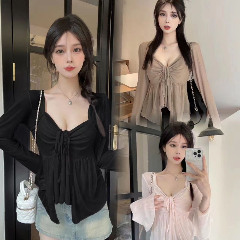 Large size French square collar pure lust style shirt early autumn high-end slightly fat mm slimming belly-covering two-piece set