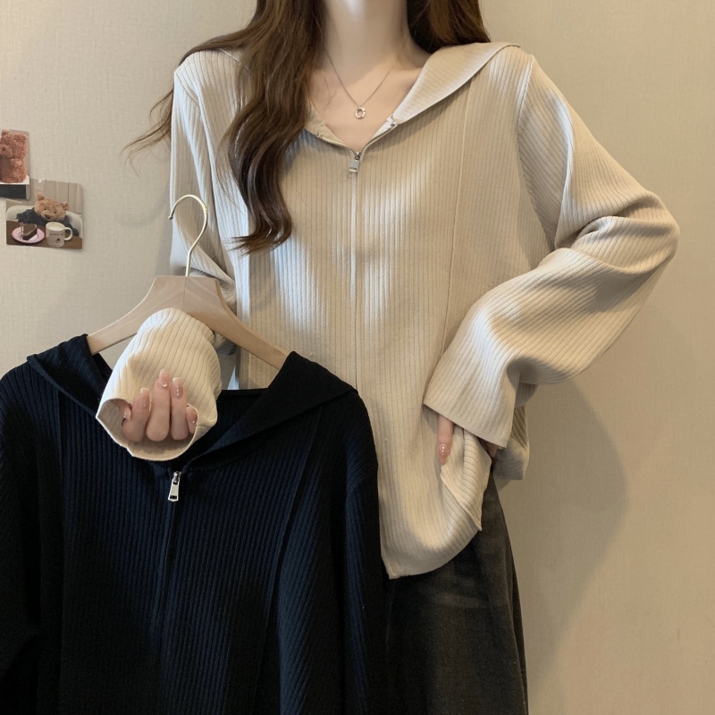 Fat girl plus size new hooded double zipper coat loose slimming knitted cardigan