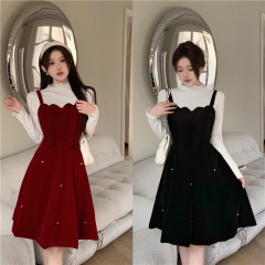 Large size bow French velvet suspender dress women's winter high-end Christmas red puffy princess dress