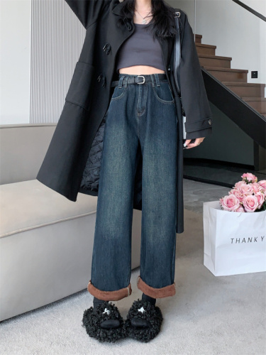 Retro plus velvet wide-leg jeans for women in autumn and winter new high-waisted loose slim straight trousers