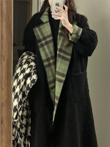 Retro plaid mid-length coat women's winter  new thickened loose reversible long-sleeved woolen coat
