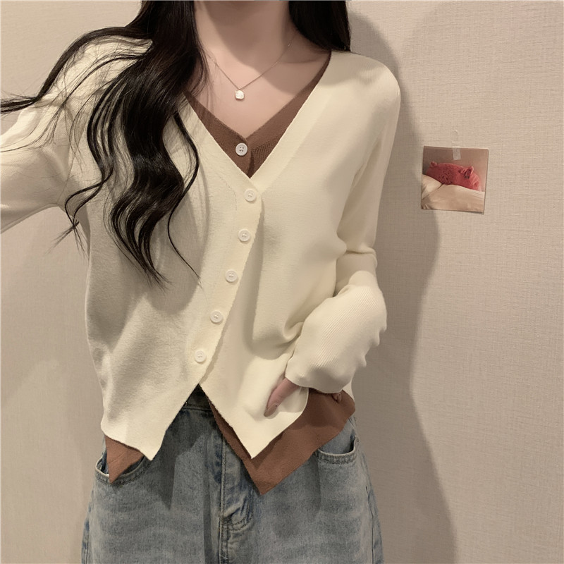 V-neck cardigan fake two-piece sweater women's long-sleeved new solid color irregular single-breasted top