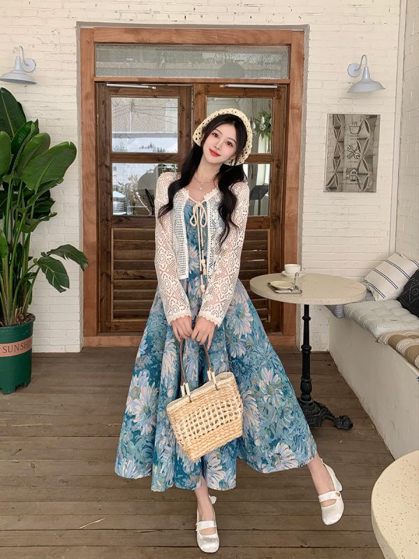 Plus size women's early spring retro oil painting floral suspender dress seaside vacation long skirt