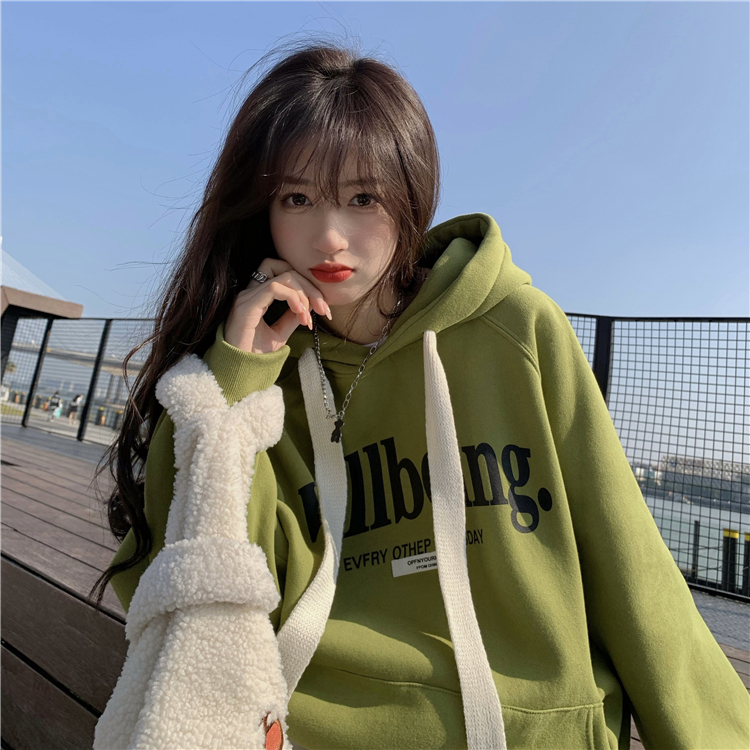 Slightly fat mm ~ Loose velvet thickened letter hooded sweatshirt for women woven thick rope lazy style top trendy