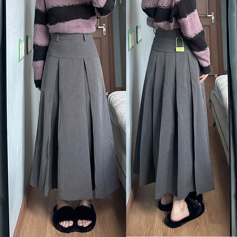Gray long skirt plus size skirt for women high waist pleated A-line skirt for fat mm to cover belly and make pear-shaped body look slimmer