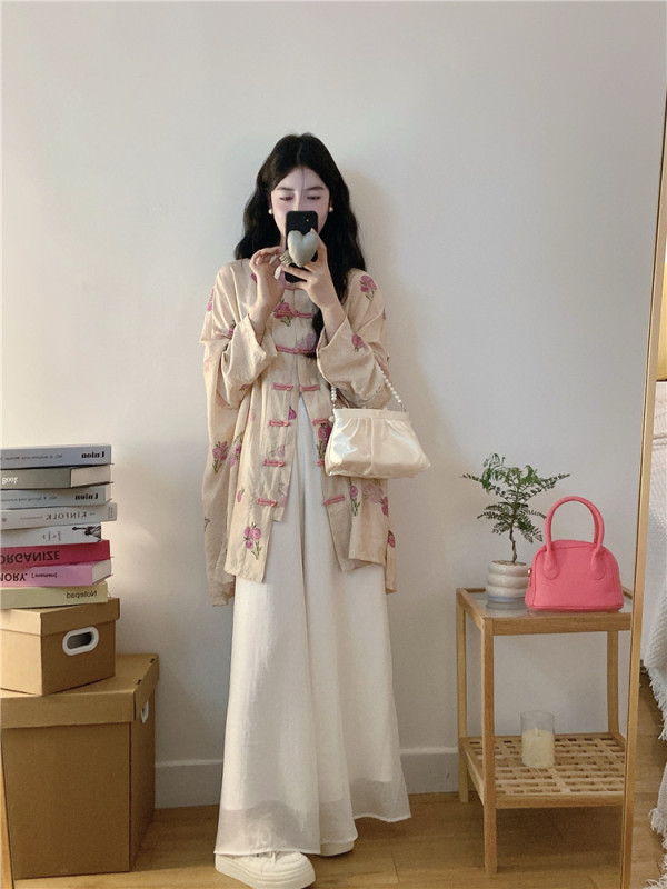 Literary ramie peony print handmade loose buckle stand collar top mid-length cardigan sun protection suit